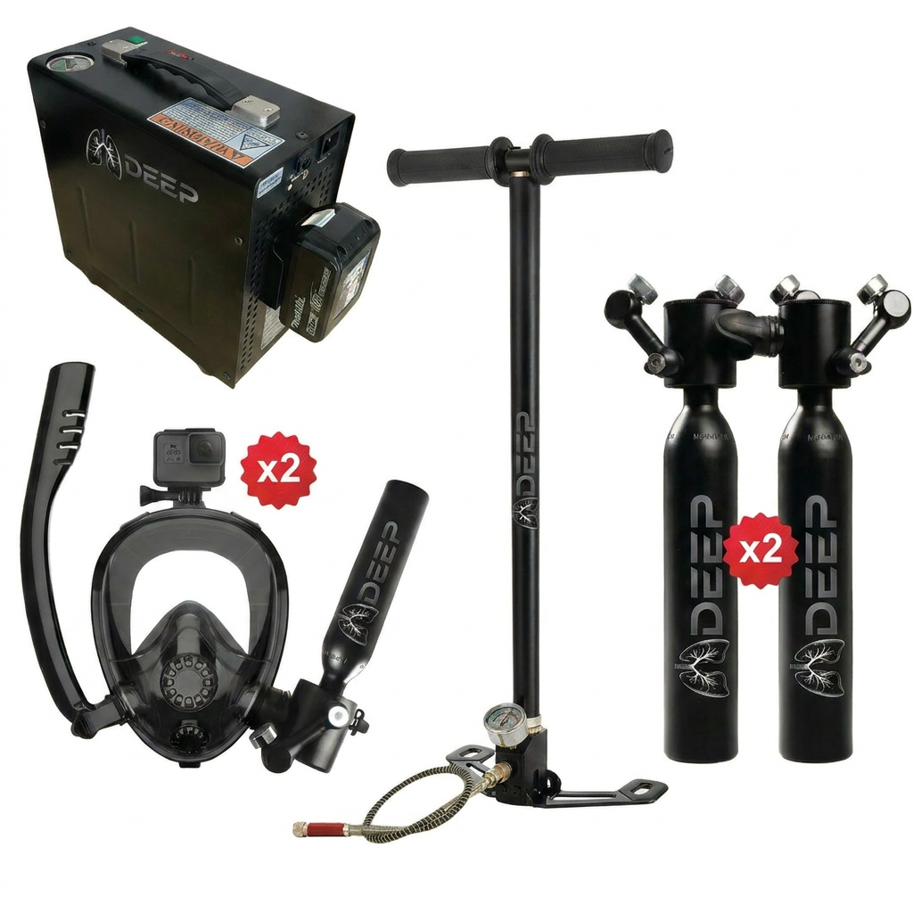Kit complet de mini-plongée LUNGDEEP T-500 – Bouteille, pompe manuelle, turbopompe et masque facial intégral
