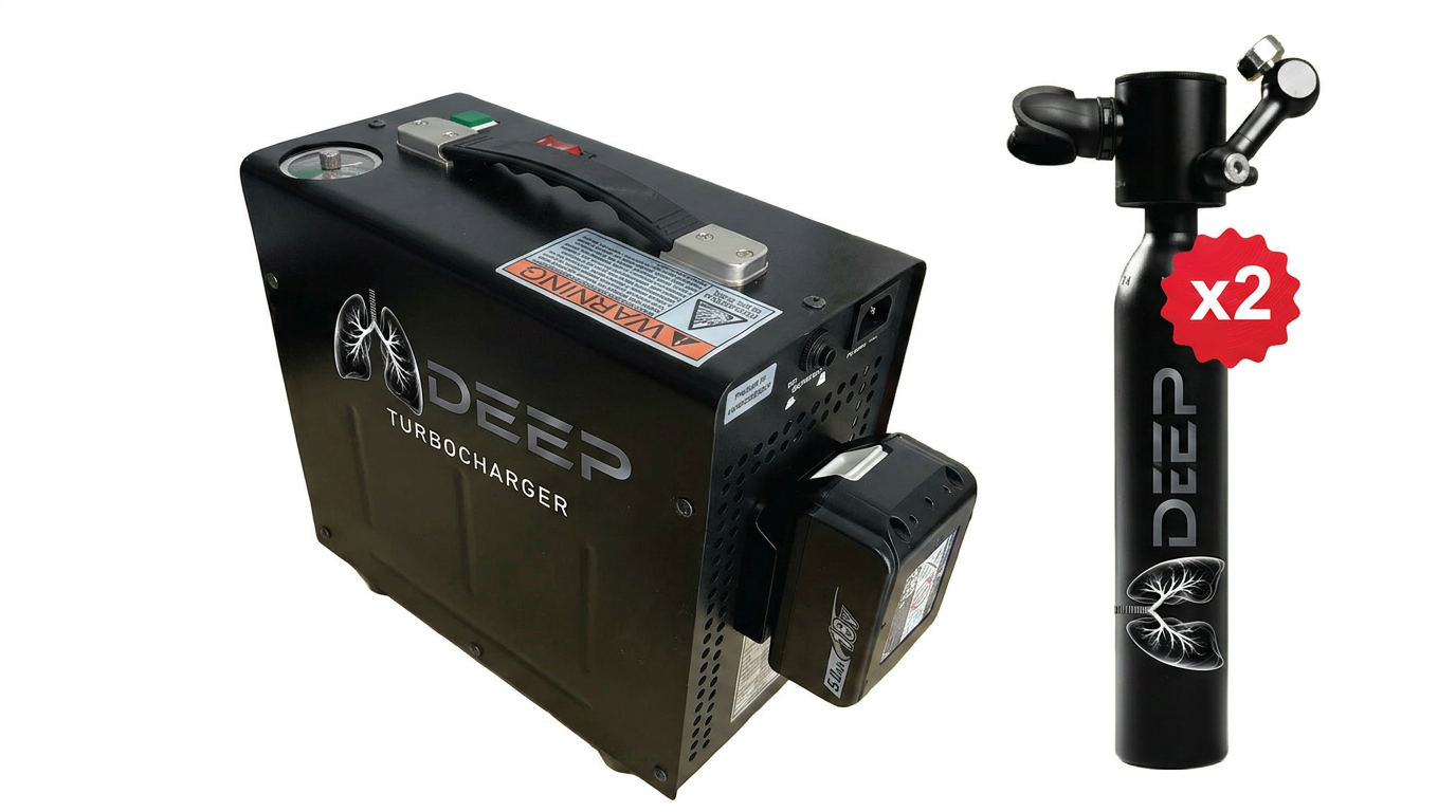 Kit LUNGDEEP M-500 Turbo – Mini Bouteille de Plongée Complète avec Pompe Turbo et Masque Facial Intégral