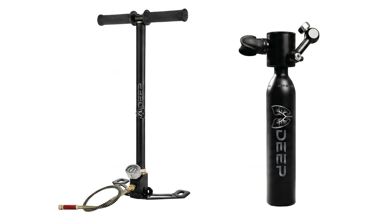 Kit complet LUNGDEEP M-500 – Mini bouteille de plongée avec pompe à main et masque intégral