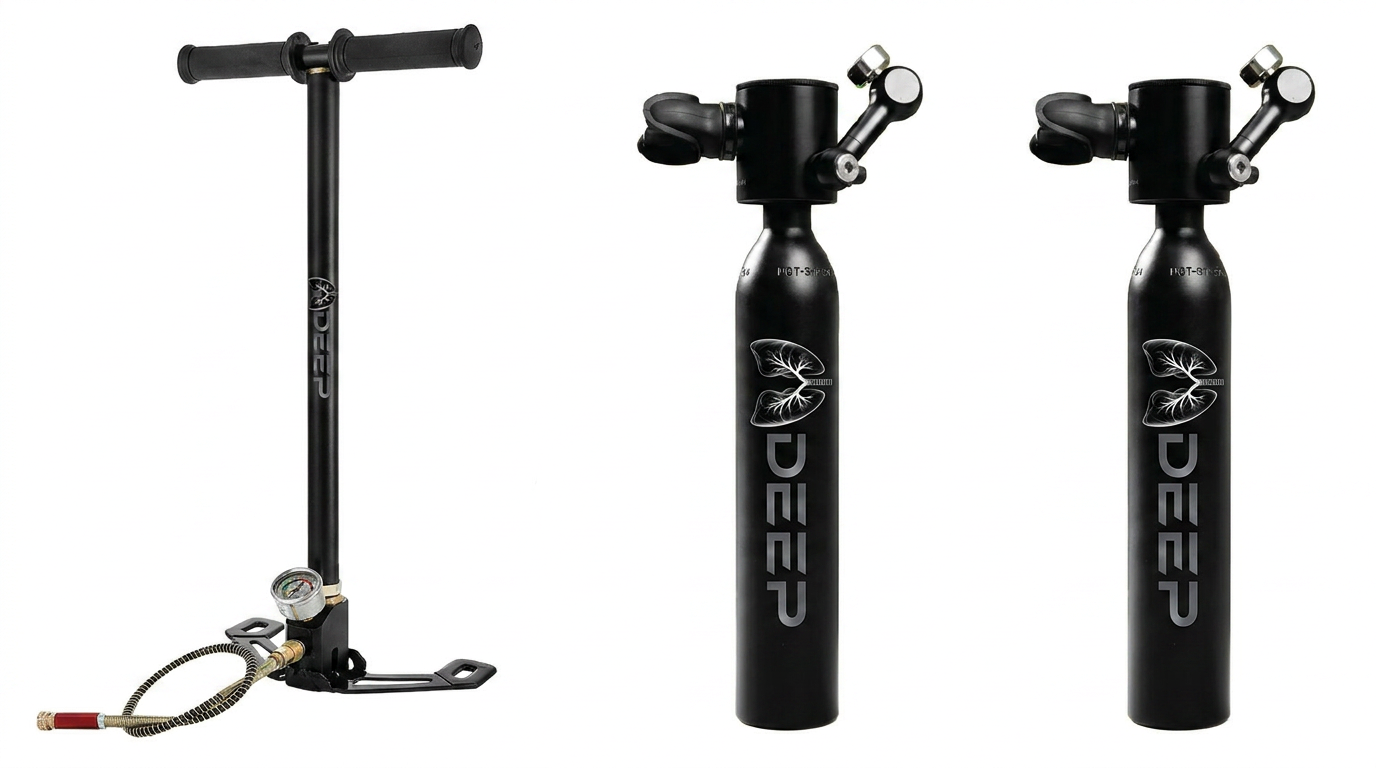 Kit complet LUNGDEEP M-500 – Mini bouteille de plongée avec pompe à main et masque intégral