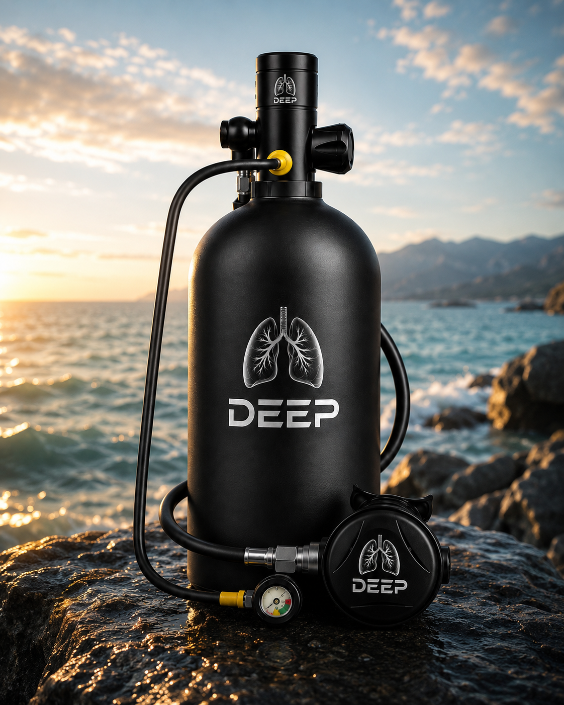 Kit complet LUNGDEEP M-1000 Elite – Mini bouteille de plongée, pompe turbo et masque facial intégral