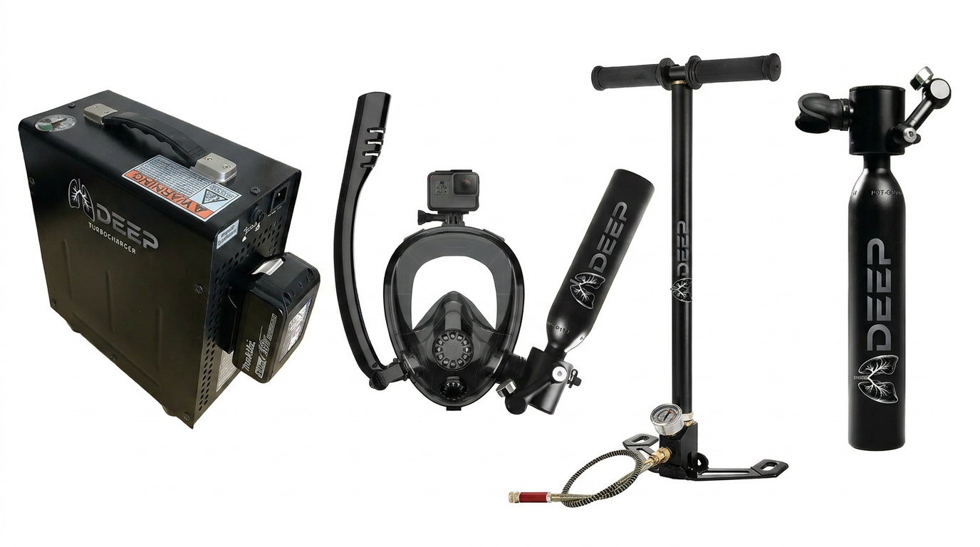 Kit complet de mini-plongée LUNGDEEP T-500 – Bouteille, pompe manuelle, turbopompe et masque facial intégral