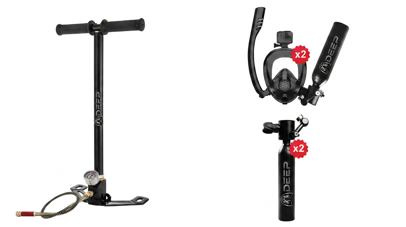 LUNGDEEP M-500 Complete Mini Scuba Kit – Tank, Hand Pump & Full Face Mask
