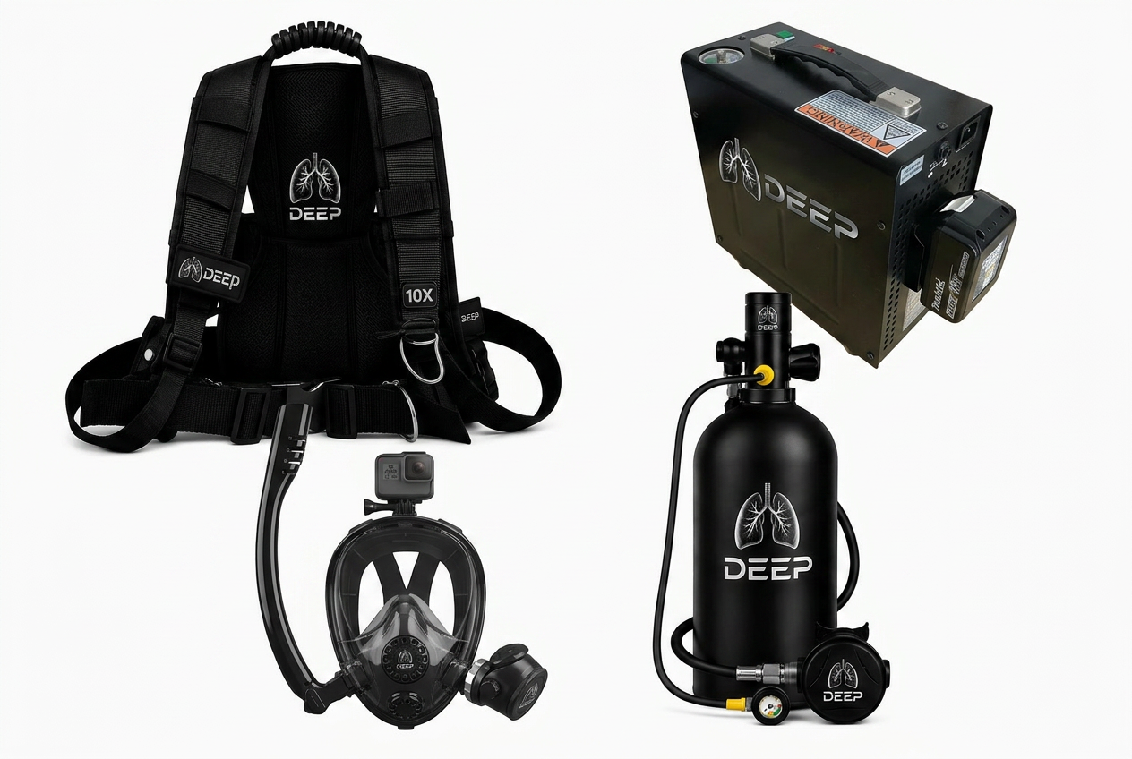 Kit complet LUNGDEEP M-1000 Elite – Mini bouteille de plongée, pompe turbo et masque facial intégral