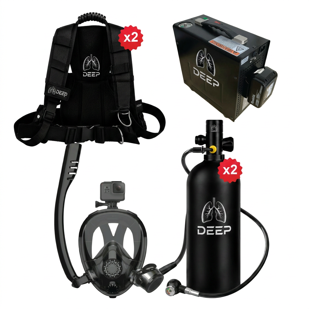 Kit complet LUNGDEEP M-1000 Elite – Mini bouteille de plongée, pompe turbo et masque facial intégral